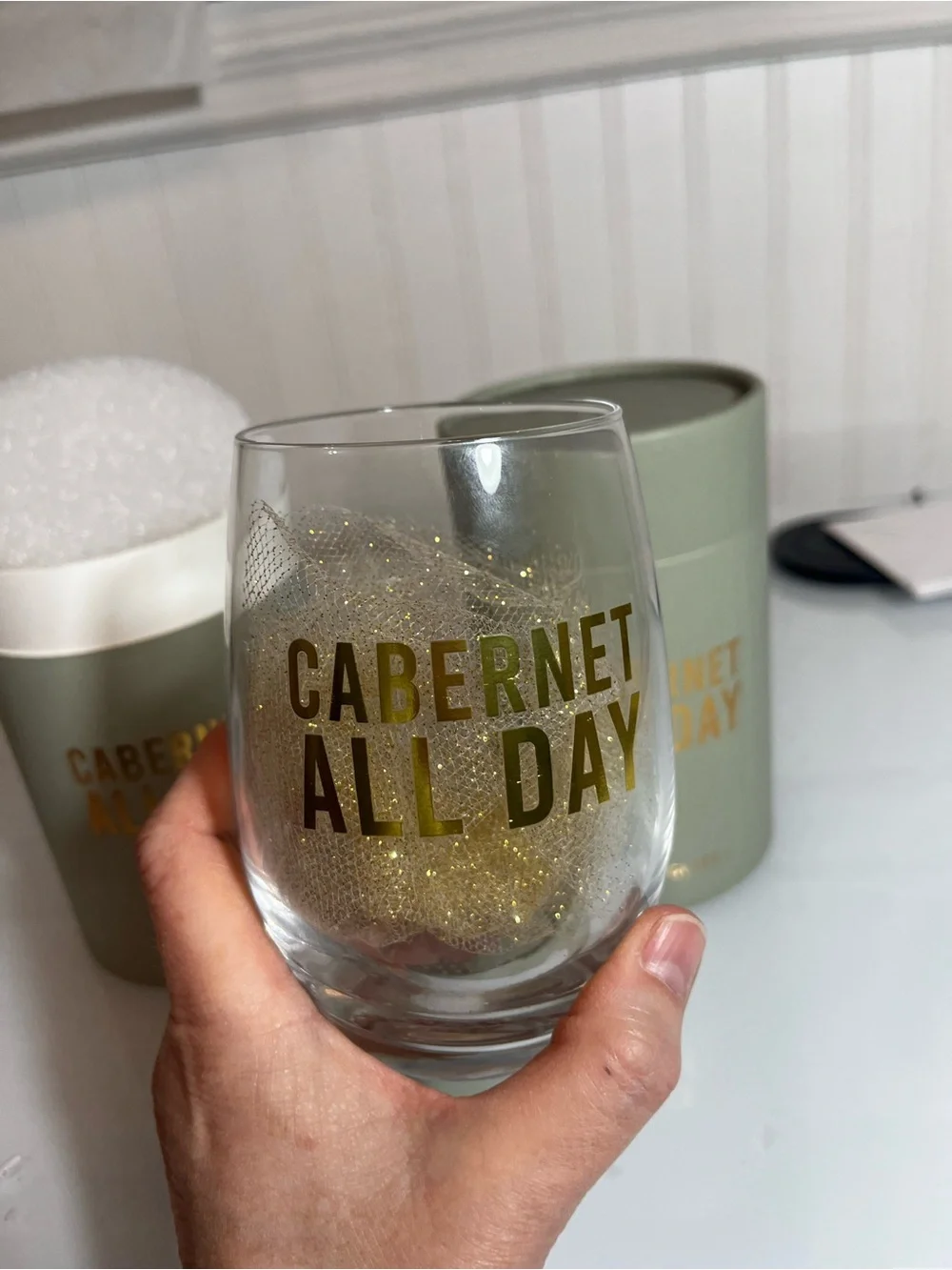 Set of 2 NWT Cabernet All Day Olive Green Stemless Wine Glass - Cabernet All Day